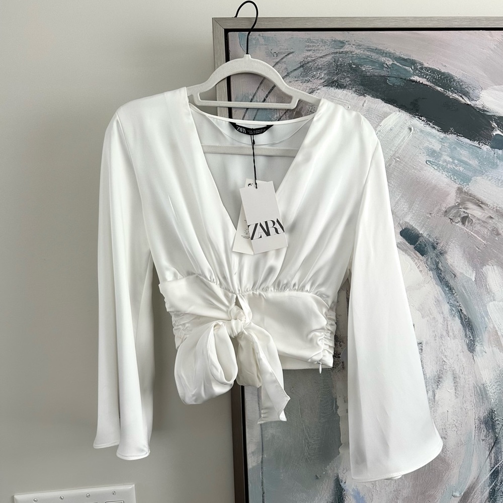 Zara Satin Long Sleeve Blouse Front Tie